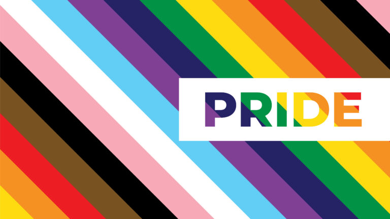 Progress Pride LGBTQIA Regenbogenflagge mit Schriftzug Pride
