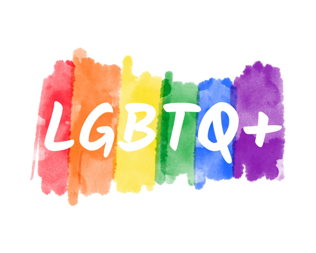 LGBTQ+ Schriftzug weiß auf Regenbogenfarben