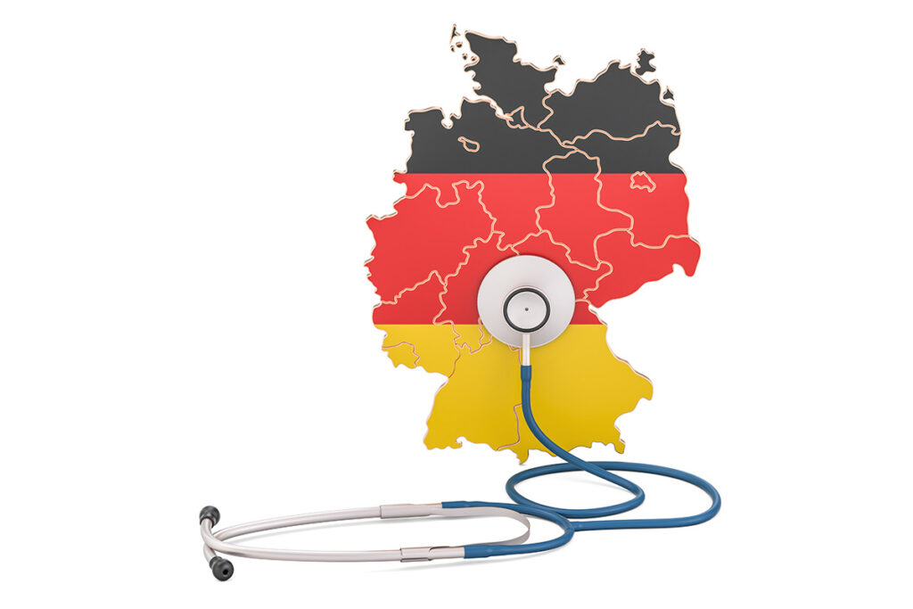 Ein Stethoskop auf der Landkarte Deutschlands stilisiert das deutsche Gesundheitswesen mit Rahmenverträgen