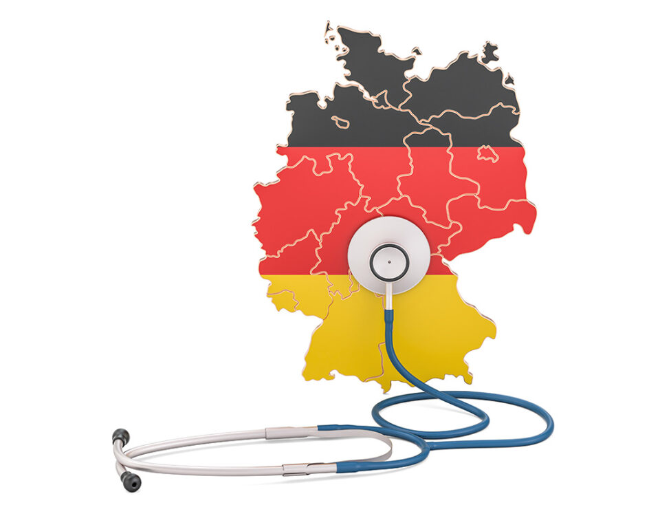Ein Stethoskop auf der Landkarte Deutschlands stilisiert das deutsche Gesundheitswesen mit Rahmenverträgen