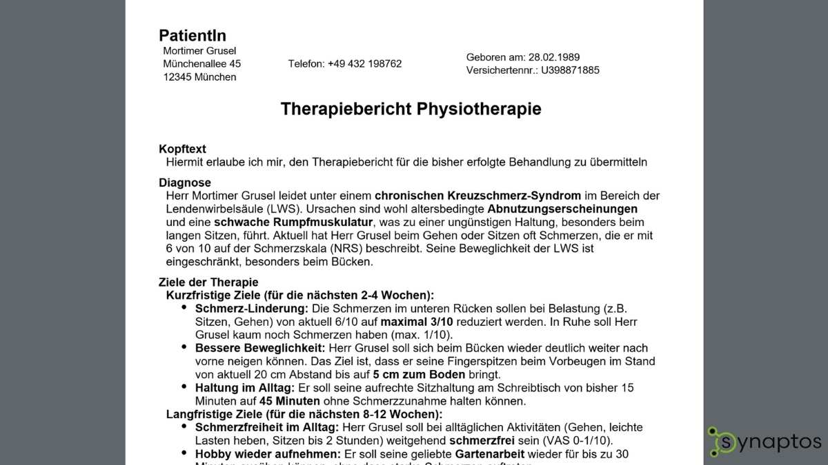 Therapiebericht Physiotherapie Beispiel