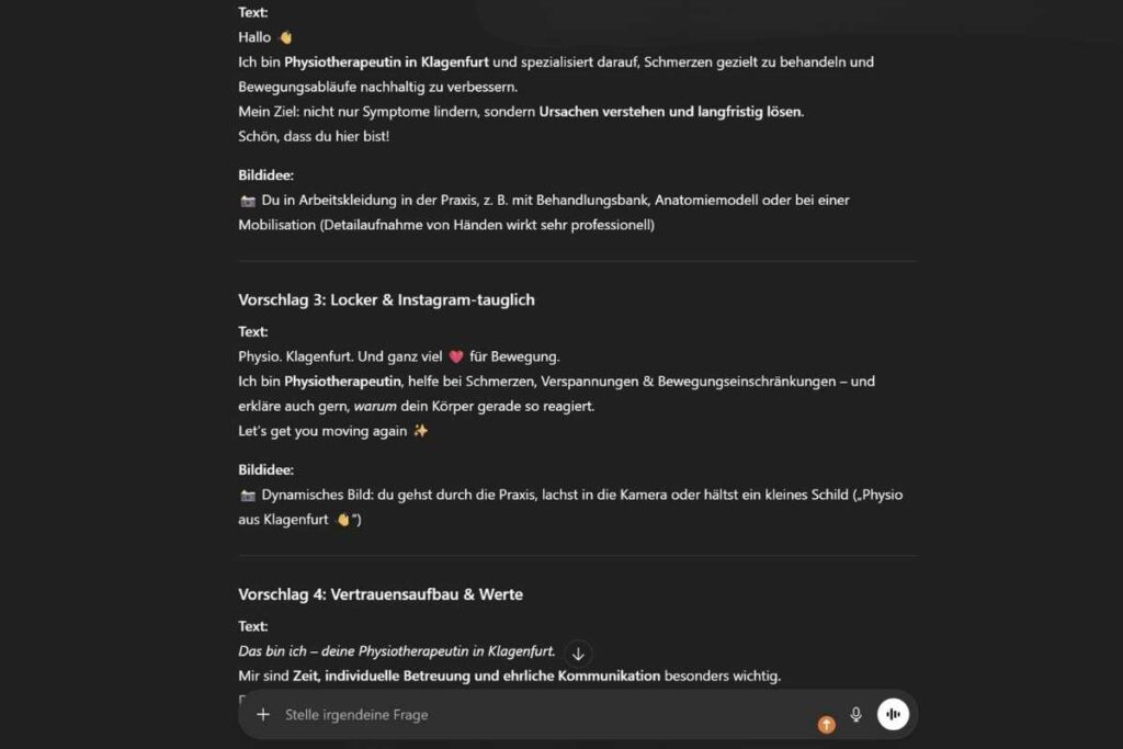 Social Media Text für Physiopraxis durch KI